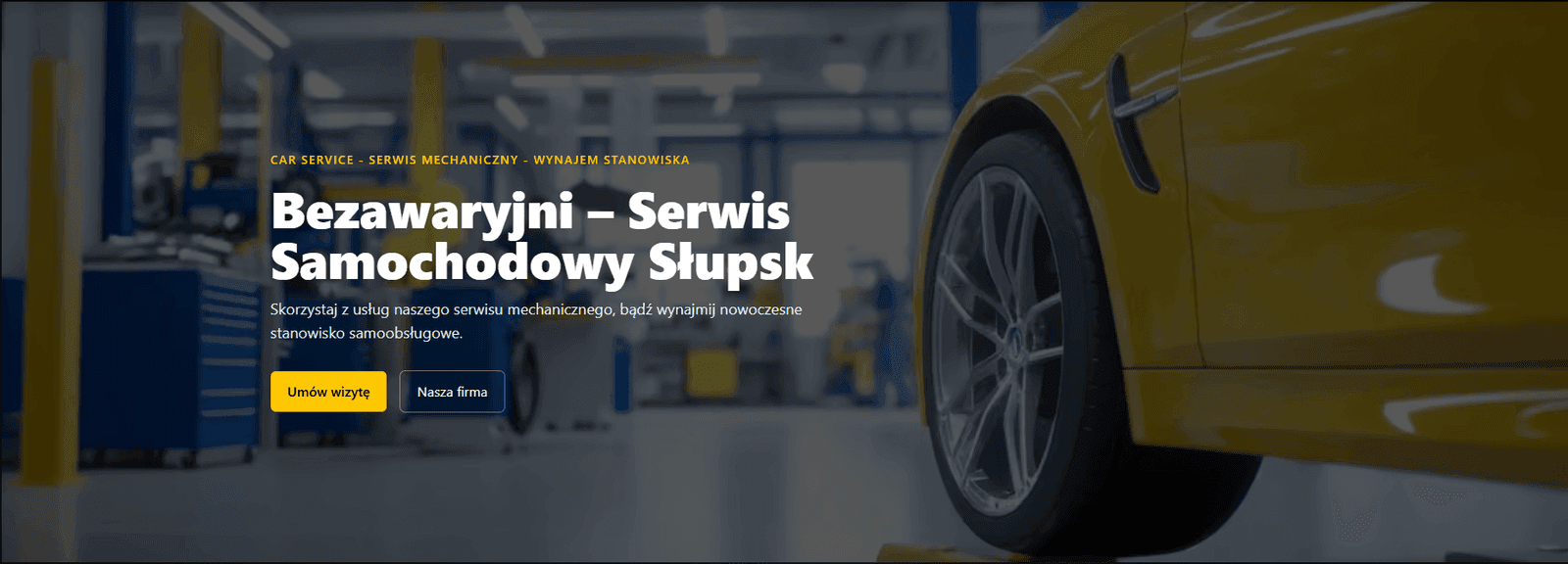 Sekcja hero Bezawaryjni z żółtym samochodem i CTA